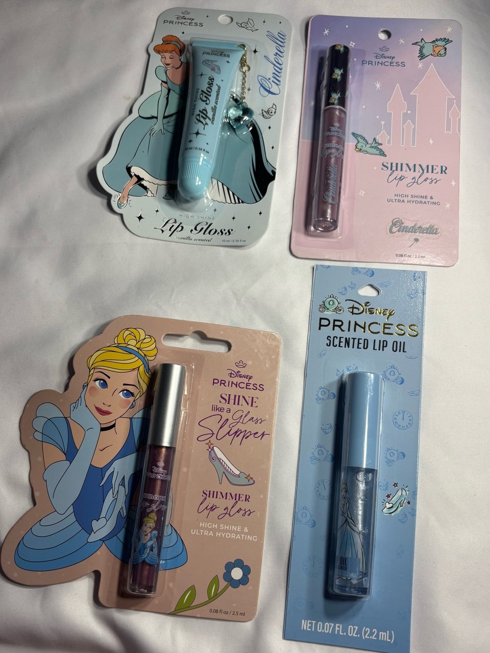 4 New Disney Princess Cinderella Lip Gloss & Lip Oil Set - Blue and Pink